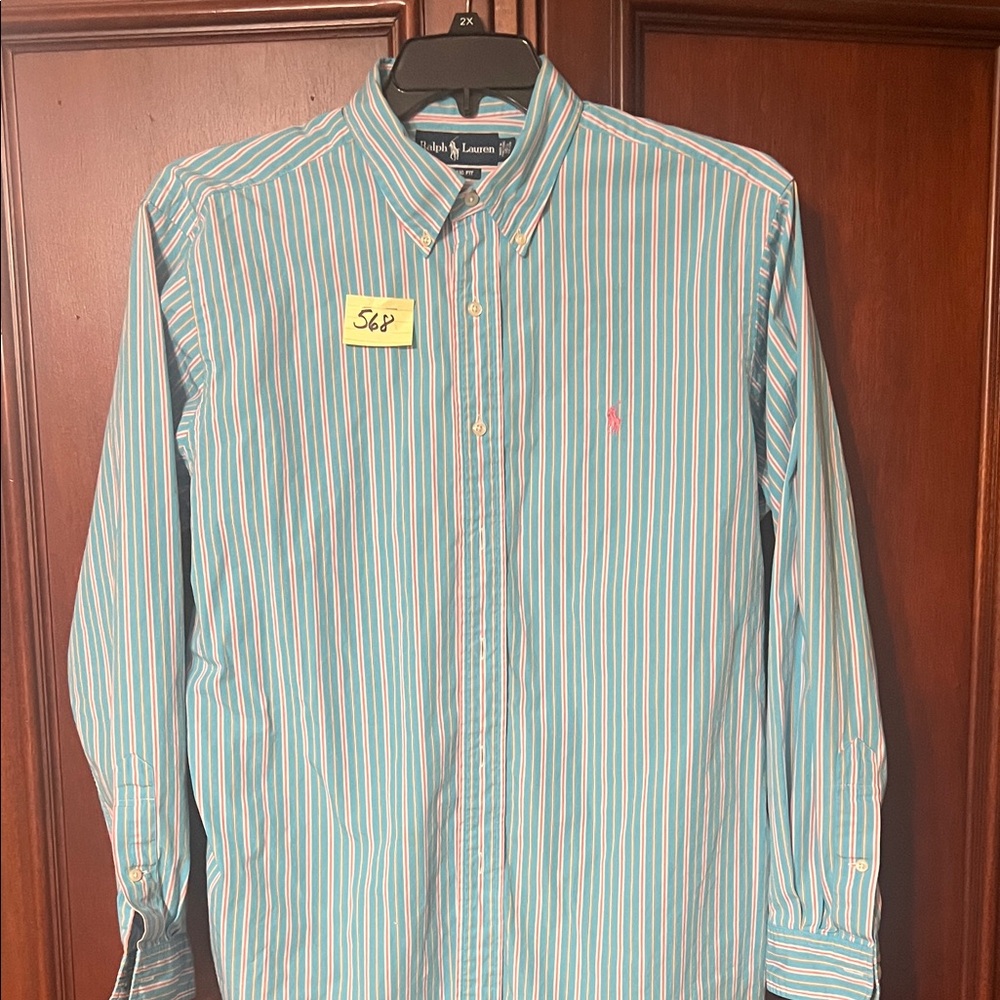 Ralph Lauren Men’s Teal and White Striped Button-Down Shirt Size 16 1/2  34/35